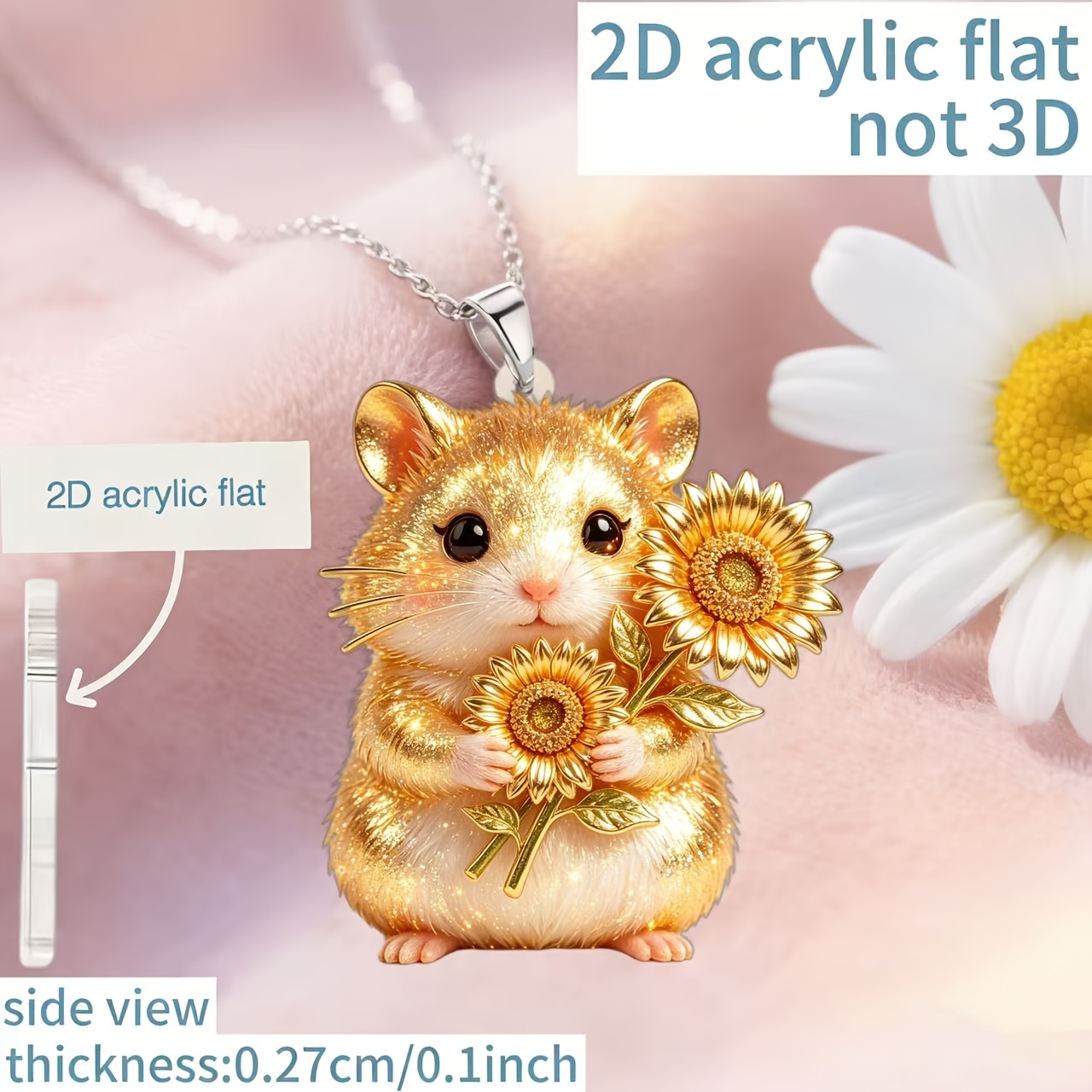 Women's Novelty Hamster Holding Sunflower Acrylic Necklace